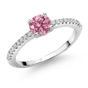 Gem Stone King 5MM Round Gemstone Birthstone and White Lab Grown Diamond Engagement Ring | 925 Sterling Silver | Wedding Anniversary Promise Ring For Women | Available In Size 5, 6, 7, 8, 9