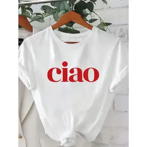 Women's Pink "Ciao" Italian Graphic Print T-Shirt - Soft Round Neck Short Sleeve Casual Top for Spring/Summer, Italian T Shirt, Summer Clothing, Nontransparent Material, Medium Elasticity Fabric
