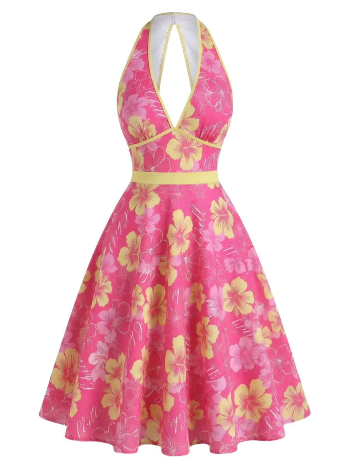 RETRO STAGE Women's 1950s Floral Print A-Line Dress, Sleeveless V-Neck with Back Zip, Knee-Length Boho Style for Summer, Cold Wash