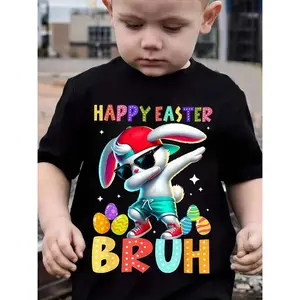 Happy Easter Bleu Boys' Bunny Rabbit T-Shirt - Fun Black Cotton Blend Tee With "HAPPY EASTER BRUH" Design, Short Sleeves, Round Neck, Ages 1-12, Perfect For Easter Day Celebrations