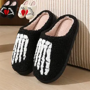 Winter Indoor Warm Women Cotton Shoes Couples Bedroom Slipper Man Non-Slip Soft Bottom Slippers Unisex Home Slippers Pumpkin Skull Printed Slippers