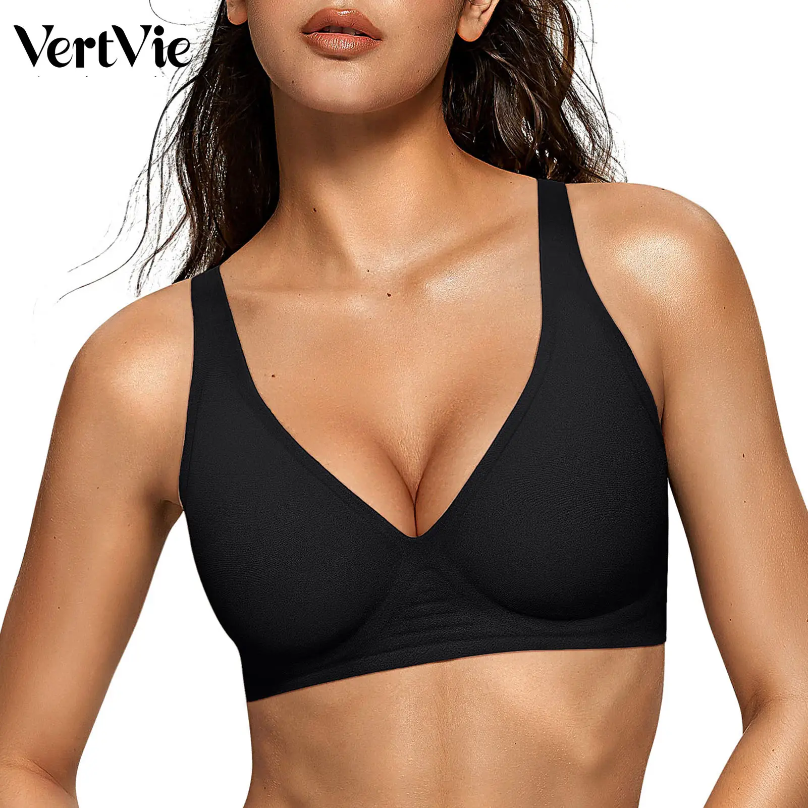 Vertvie Women Wireless Seamless Bras Deep V No Underwire Push Up Bras Wirefree Full Coverage T Shirt Adjustable Bra Nylon Spandex Womenswear