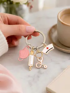 Fashion Nurse Accessories Keychain, Cute Healthcare Worker Charm with Mask, Injection Syringe, Stethoscope Heart Loop and Red Medical Cross Nurse Cap, Detachable Key Holder for Handbag, Purse, Tote, Car Keys and Scrubs, Christmas Halloween Birthday Mother