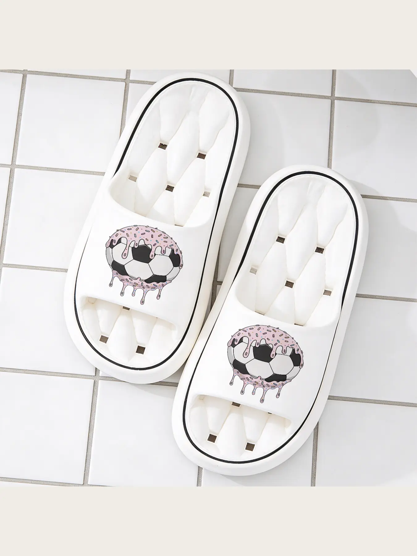 Soccer Donut Drippy Frosting Sprinkles Design Slippers, Comfortable Non Slip Soft House Slide Sandals, Cute Casual Sport Candy Style Open Toe Indoor Outdoor Slippers For Men Women, Fun Unique Sweet Themed Footwear For Soccer Lover