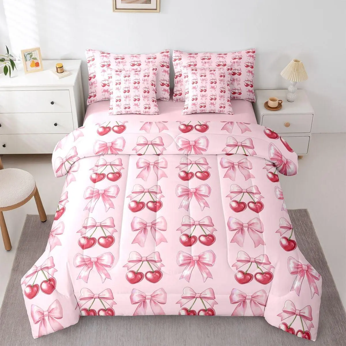 Pink Coquette Bow Bed in a Bag Bow Cherry 7 Piece Bedding Set for Kids Boys Girls Teens Cute Bowknot Comforter Set with Sheets,Pillowcases & Cushion Cover Princess Kawaii Microfiber