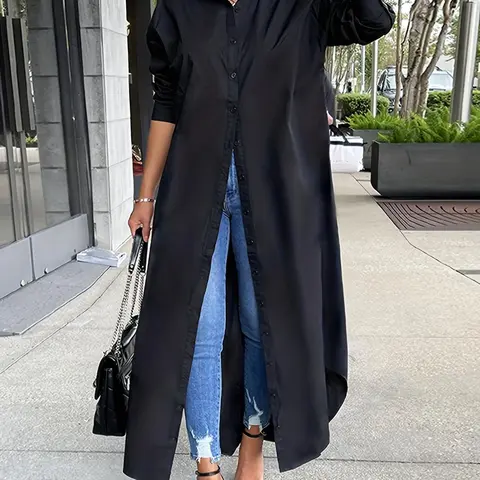 European Women's Fashion Spring & Fall New Basic Collared Plain & Shirt, Long Sleeve Button Front Loose-Fitting Top, Stylish Long Shirt for Ladies, Casual Button Up