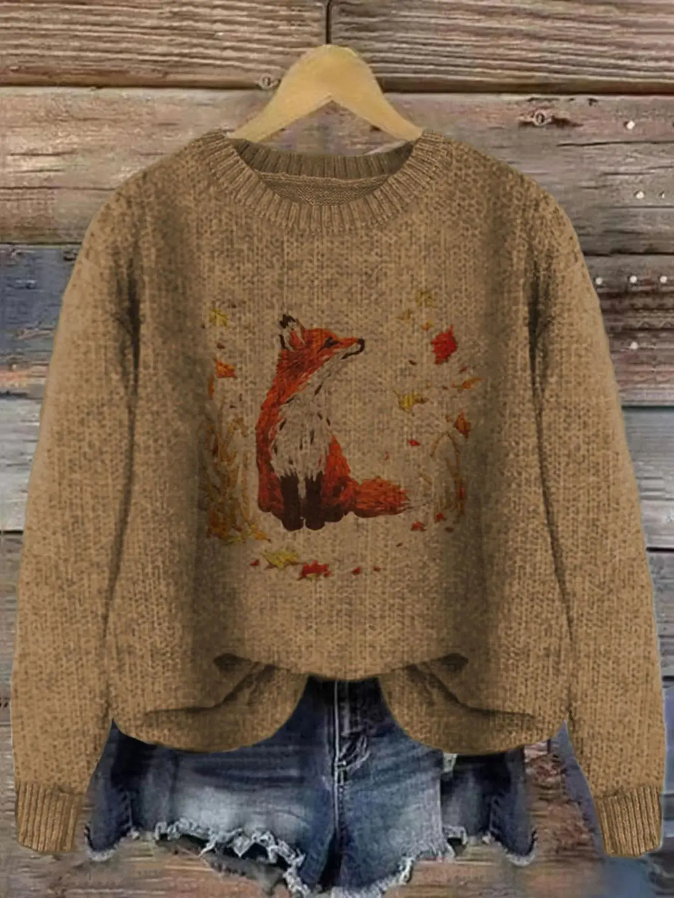 Women's Fox & Leaf Print Drop Shoulder Baggy Sweater, Casual Long Sleeve Round Neck Jumper for Fall & Winter, Fashion Ladies' Knitwear for Daily Wear, Tops