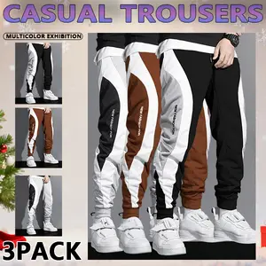 3 pack Men's Regular Fit  Splicing color Drawstring Waist Sweatpants, Casual Pocket Design Pants for Fall & Winter, Men's Trousers for Daily Wear