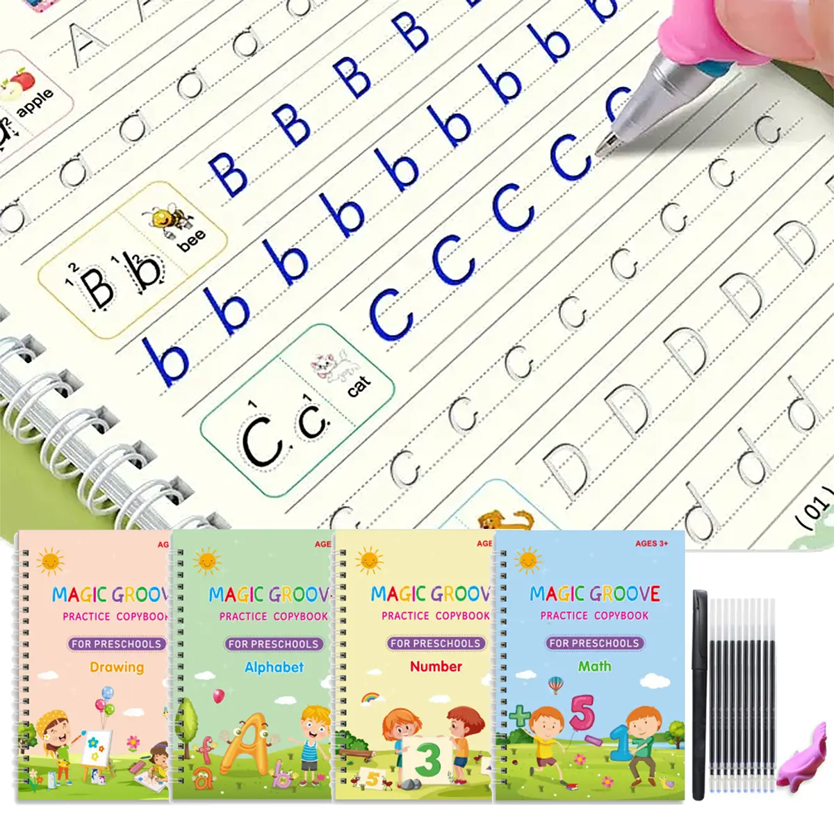 Magic Practice Copybook Set - 4 Reusable Books with Pens, Preschool Learning Materials for Kids Age 3-8, Number & Letter Tracing, Calligraphy & Painting Supplies