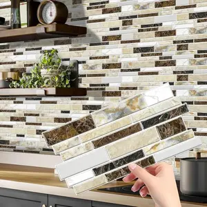 12 pieces of peel-and-apply splash-proof vinyl marble tiles, self-adhesive tile transfer stickers, Decorative Wall Sticker, suitable for kitchens and bathrooms, 9.68 x 4.72 inches / 24.6 x 12 cm, brown and yellow marble effect