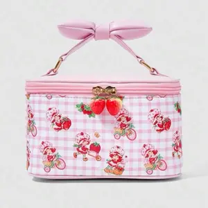 Strawberry Cosmetic Cute Bag with Pink Gingham Pattern and Bow Handle for Makeup Storage