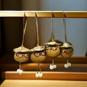 Handmade Natural Gourd Hanging Ornament, Straw Hat Glasses Cute Old Man, Perfect for Car and Room Decor, Ideal Gift or Personal Use