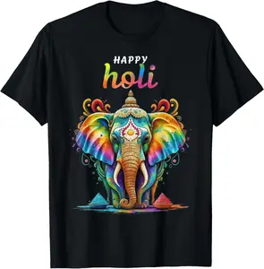 100% Cotton Happy Holi Festival India Hindu Colors Spring Woman elephant T-Shirt