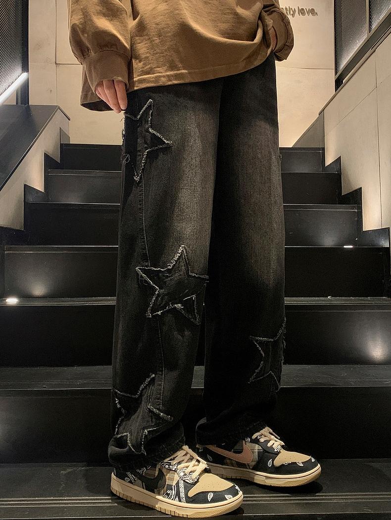 Jeans For Men or Women, High Street Cross Patch Embroidery, Loose Straight Wide Pants (button Holes Not Opened At Waist) Black Casual Streetwear Denim Beige Menswear Original Knife Traditional Trouser