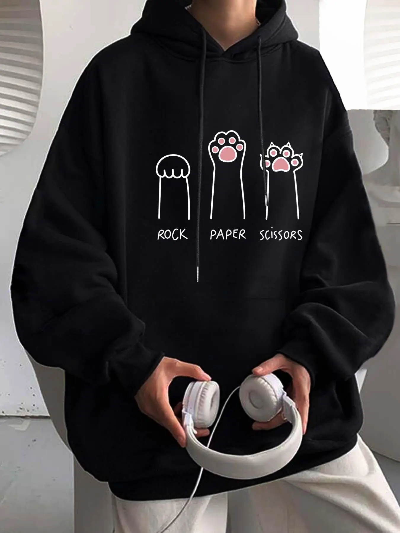 Unisex Men's Cartoon Paw Print Drawstring Graphic Hoodie, Loose Casual Pocket Hooded Sweatshirt for Daily Wear, Essentials Hoodie, Men's Clothes for F