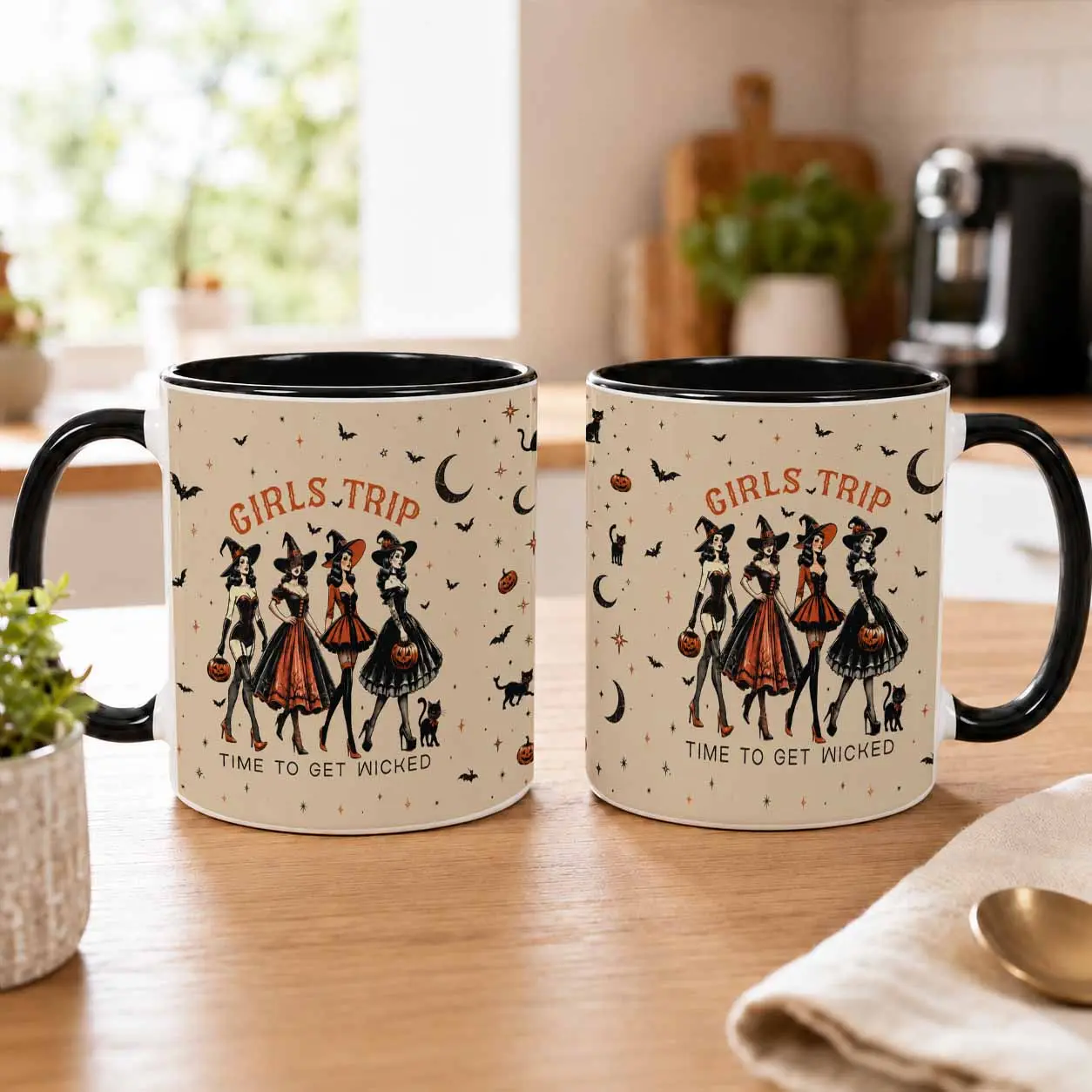 Girls Trip Halloween Witch Cup Mug (11oz/15oz) - Spooky Retro Pinup Witches Print, Durable Washable Ceramic Drinkware, Ideal for Autumn Seasonal Parties, Bestie Friendship Gift