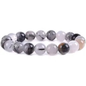 Natural Black Tourmaline Rutilated Quartz Gemstone 10mm Round Beads Stretch Bracelet 7" Unisex