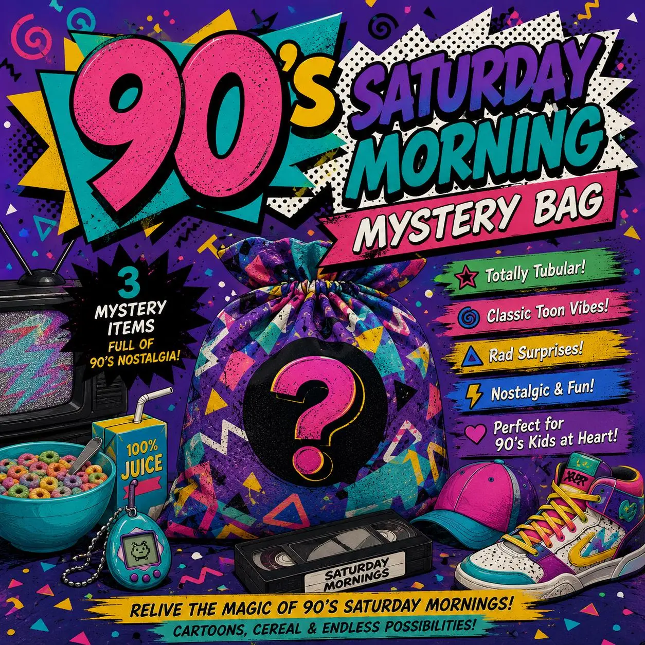 90's Saturday Morning Mystery Bag | Retro Cartoon Inspired 3-Piece Set