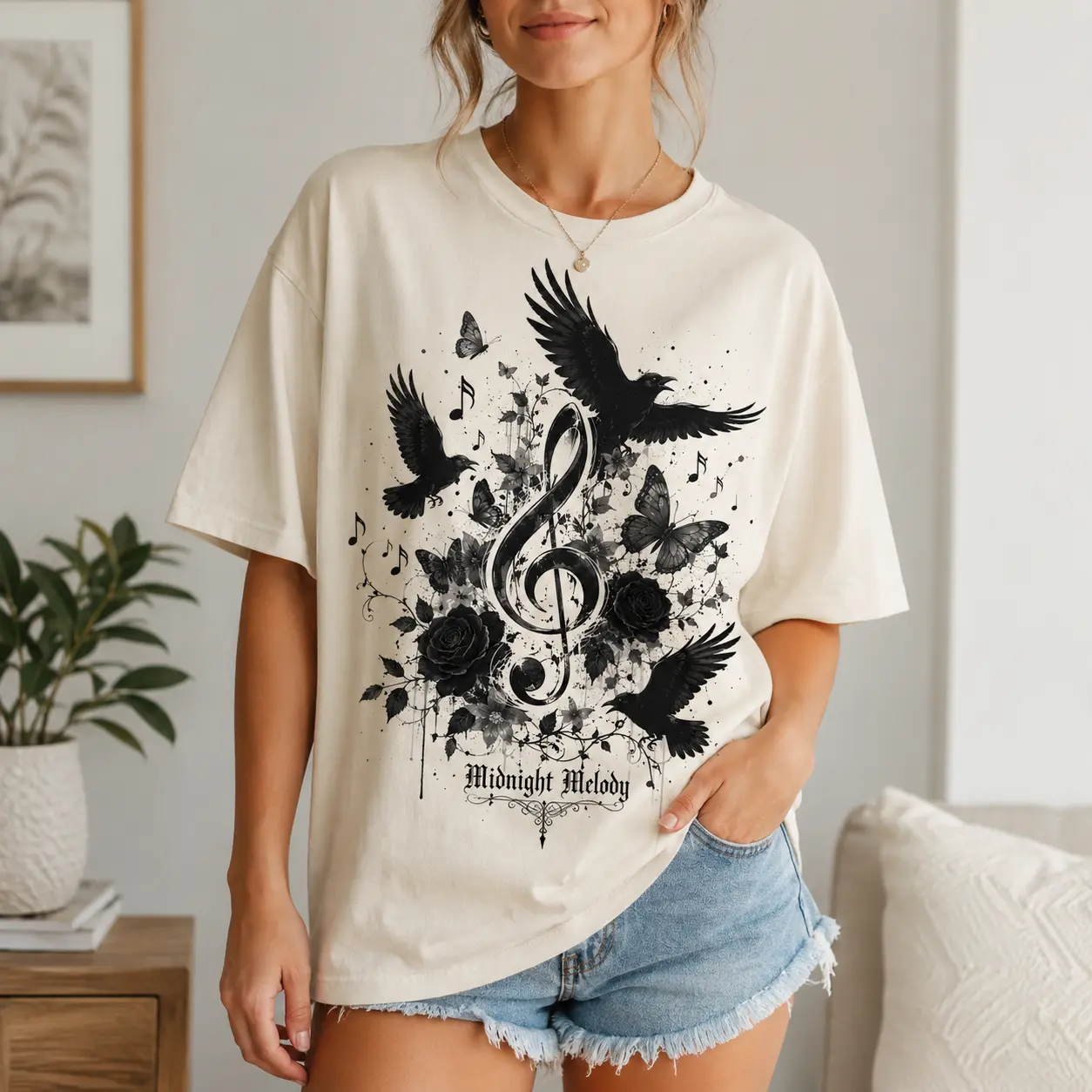 [100% Cotton] Midnight Melody T-Shirt, Midnight Melody Graphic Tee, Gothic Music Oversized Shirt for Women, Black Rose Raven Tshirt with Treble Clef and Butterfly Art, Vintage Music Casual Wear and Birthday Gift