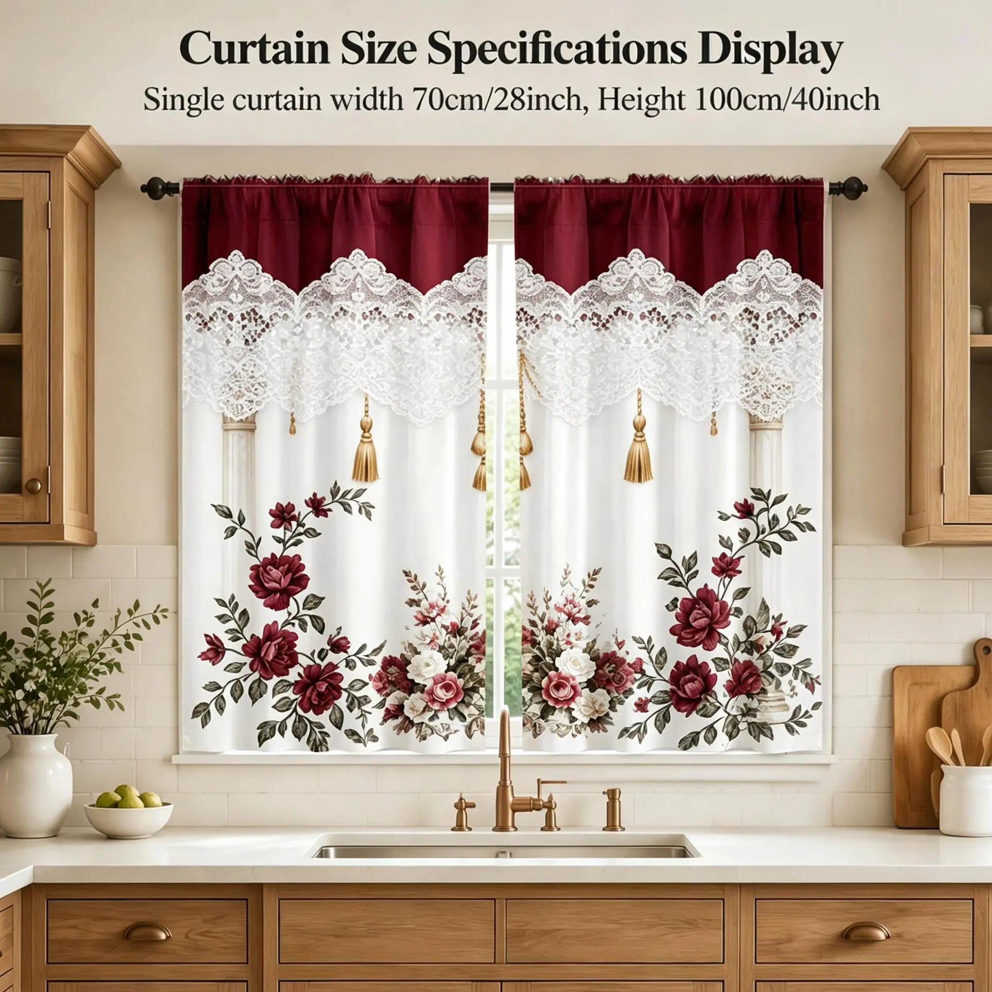 JOYFINITY 2pcs 70x100cm Polyester 2D Flat Curtain Fabric, Modern European Floral Print Light-Filtering Semi-Transparent Privacy Curtains, White with Burgundy Pattern for Bedroom Living Room Window Decor