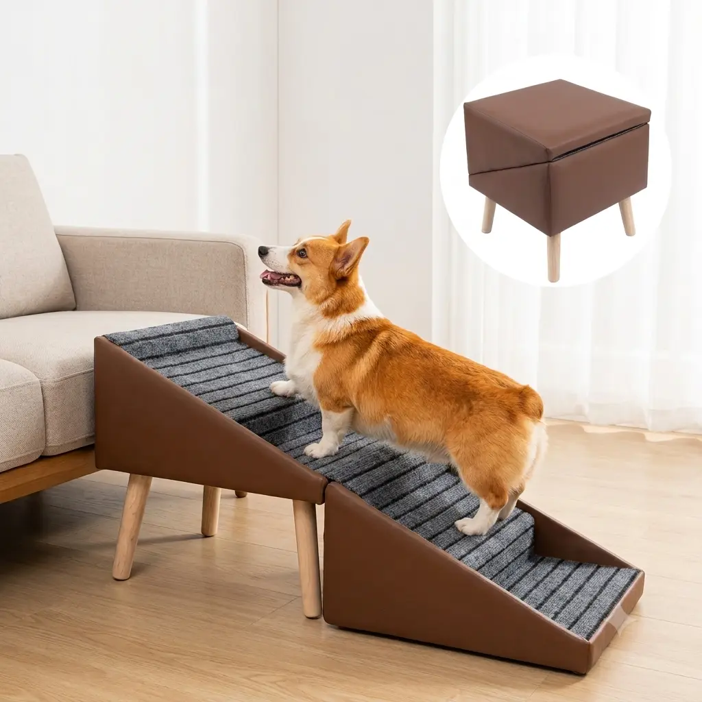 17-in Solid Wood 2-in-1 Ramp Stairs, Non-Slip Leather Surface Pet Safety Ramp, Compatible with 17-in Beds & Sofas, IVDD Prevention for Dogs