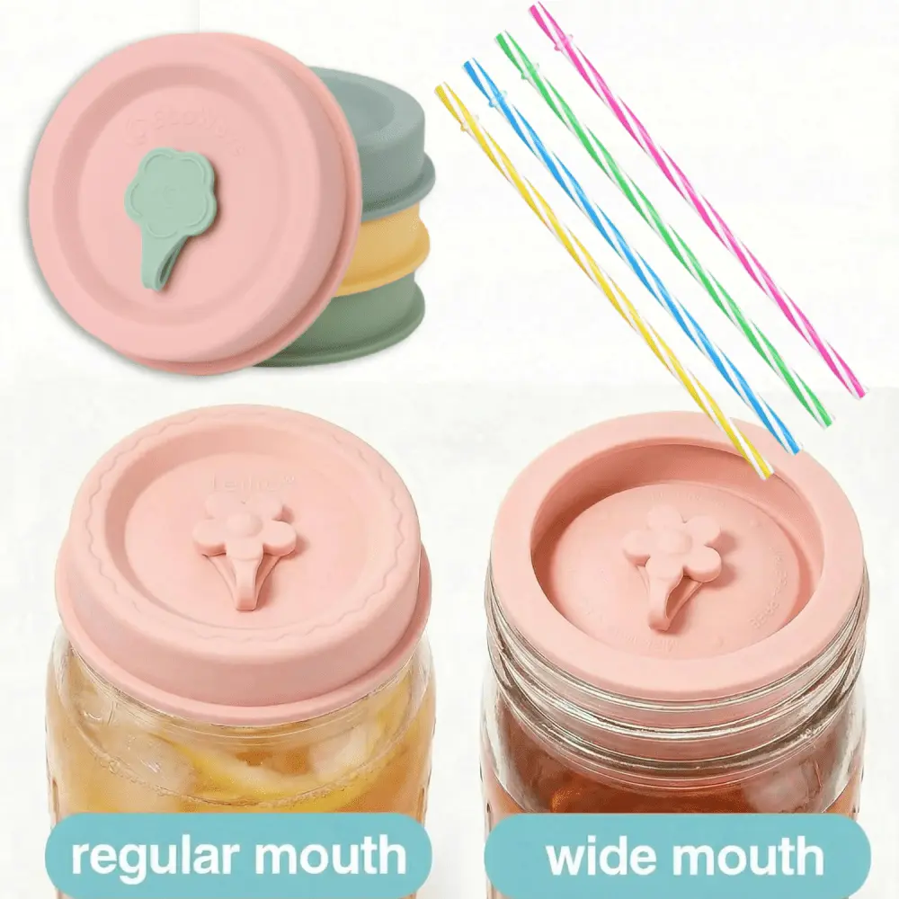 4-Pcs Leakproof Silicone Round Mason Jar Lids Set - Flexible Dual-Fit Covers for Regular & Wide Mouth Jars, Straw Hole, Microwave-Safe Kitchen Accessory for Travel