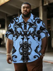 Men's Light Blue Baroque Shirt, Vintage Colorblock Plus Size, Summer Breathable Casual Daily Wear, Loose-Fitting All over Print