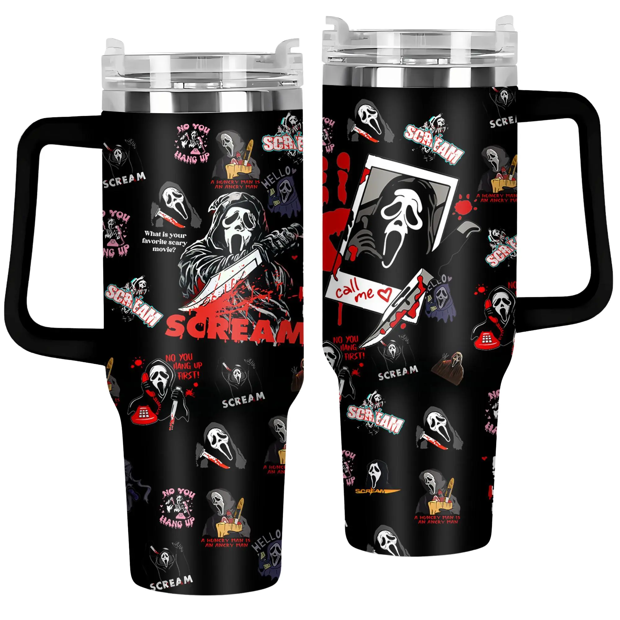 Ghostface Scream 40oz Tumbler with Handle & Straw, Horror Movie Stainless Steel Insulated Travel Mug, What's Your Favorite Scary Movie Cup, Ghost Face Slasher Halloween Drinkware, Keeps Drinks Hot & Cold, Reusable Coffee Tumbler, Gift for Scream Fans