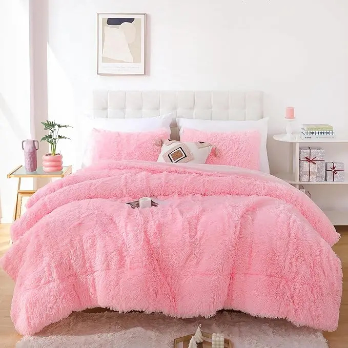 Soft puffy 4 - piece bed sheet – plush fuzzy blanket bed set 600GSM (1 Fluffy Faux Fur Duvet Cover+ 1 Heat Pillow+ 2 Furry Pillow Shams),Ideal for Housewarming Presents