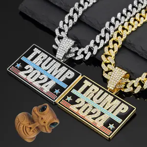 Miami Cuban Link Chain with Trump Pendant Unisex Ice Out Diamond Necklace Hip Hop Bling Jewelry Street Fashion Gold Silver Tone Mens Womens