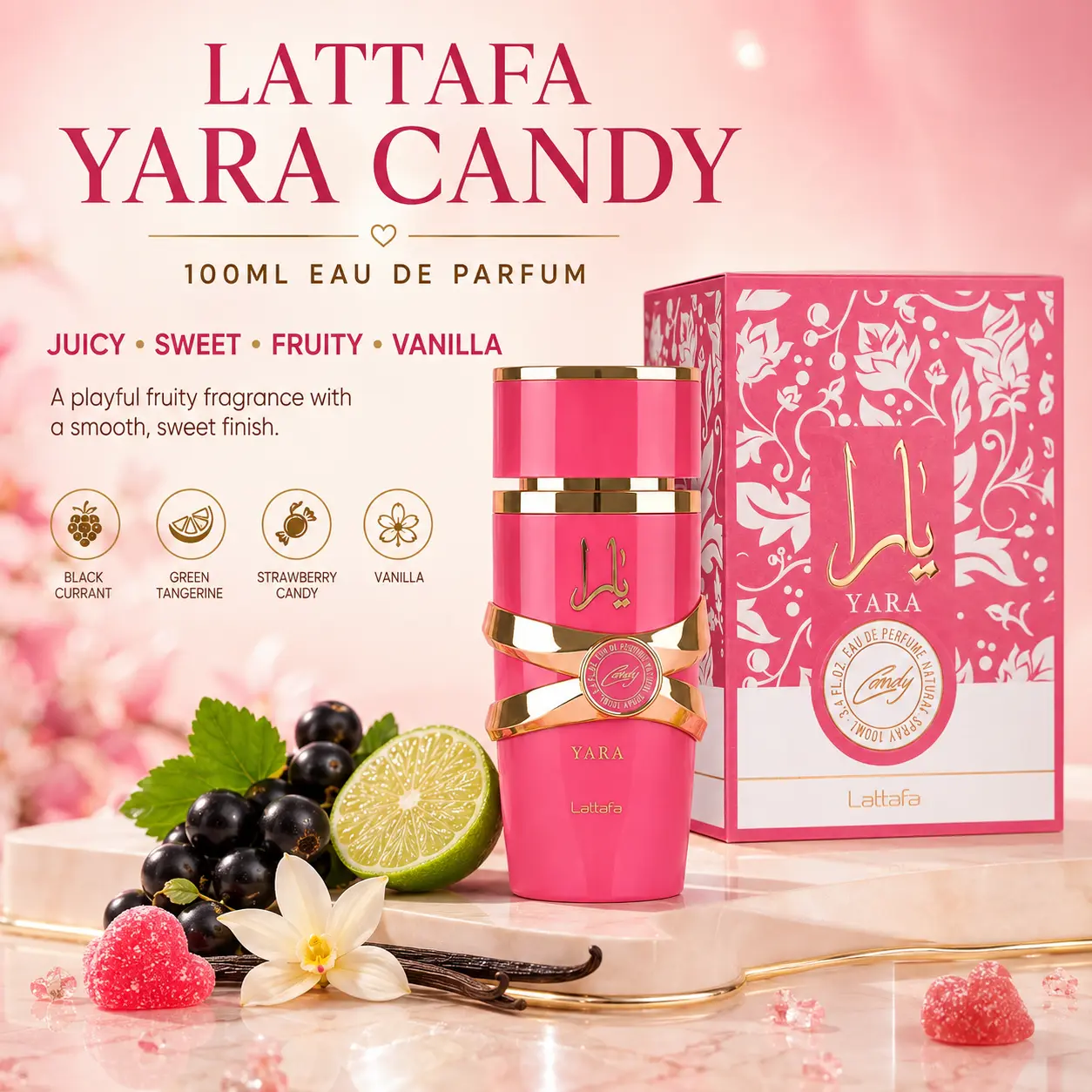 Lattafa Yara Candy Eau de Parfum for Women, 100ml / 3.4 Fl Oz, Sweet Fruity Gourmand Perfume with Strawberry Candy, Black Currant, Vanilla & Amber