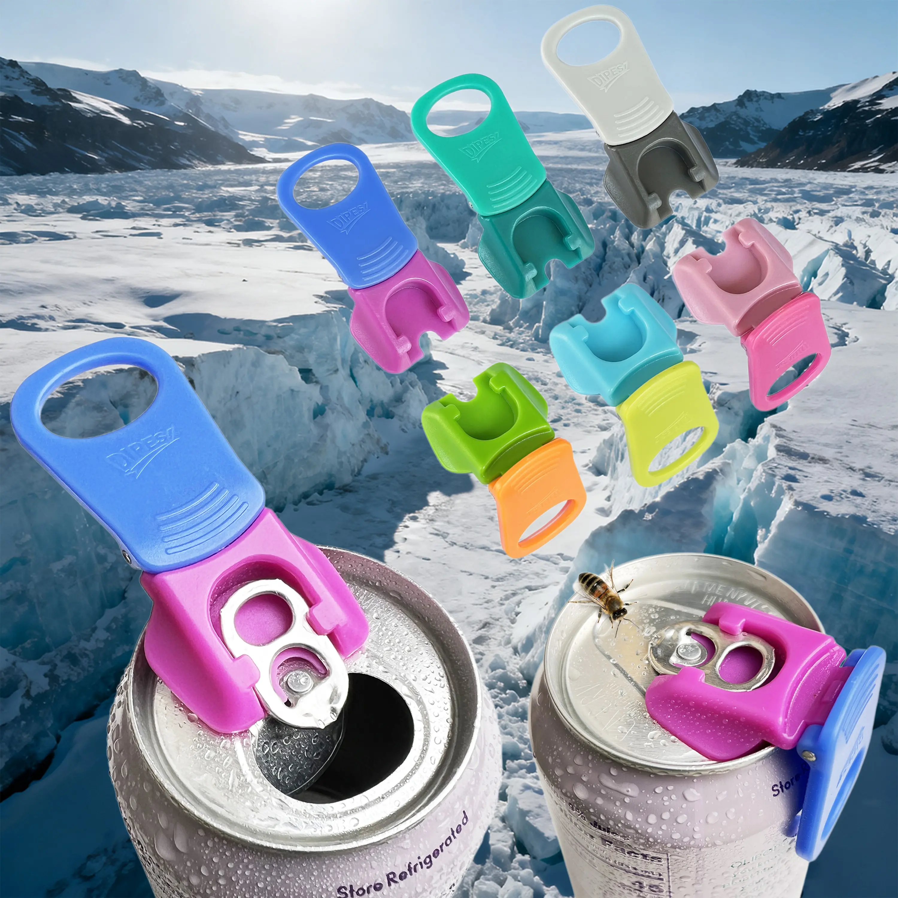 DIPESI 6-Pack 2-Tone Can Tab Lids with Built-in Opener - Easy Grip Large Handle Drink Covers, Foldable 1-Piece BPA-Free Kitchen Accessories for BBQ, Camping