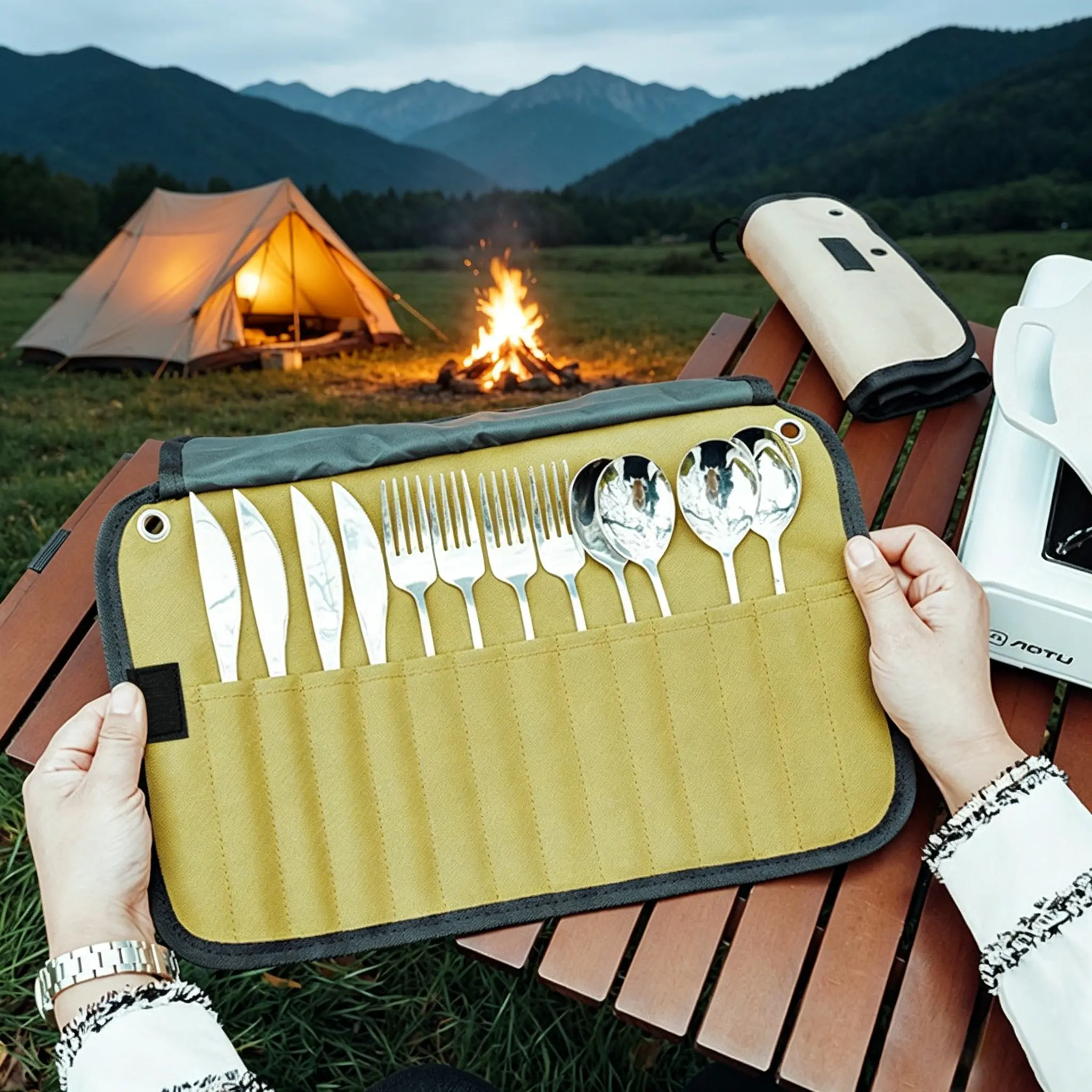Portable Outdoor Tableware Storage Bag - Stainless Steel Nesting Camping Utensil Set Hanging Bag for Camping, Travel Tableware Utensils