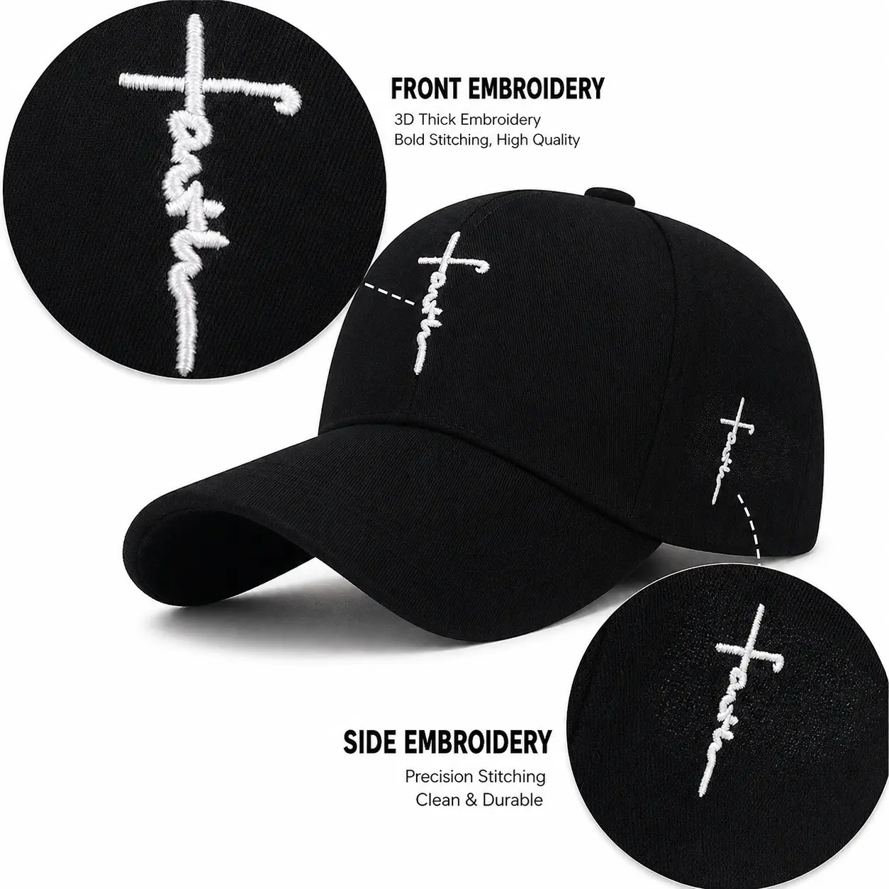 2-Pack Christian Faith Hats, Black & White Cross Embroidery Baseball Caps, Adjustable Unisex Gift Hats