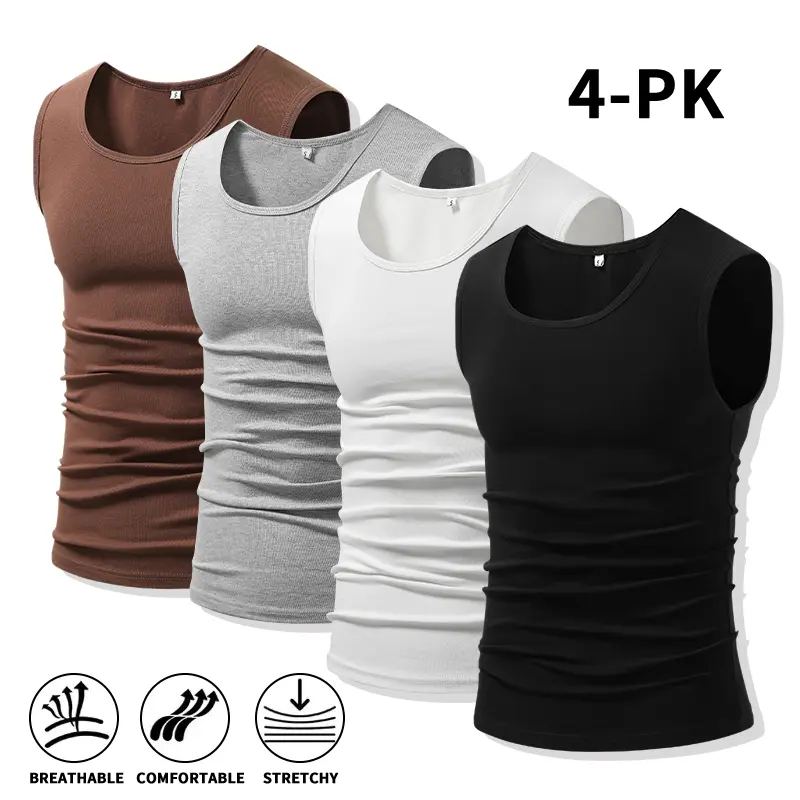 Men 4Pack Cotton Muscle Tank Tops Comfort Stretchy Breathable Summer Workout Sleeveless Sports Undershirts (optional sets of 4 or 2) High Elasticity Lifestyle Beater