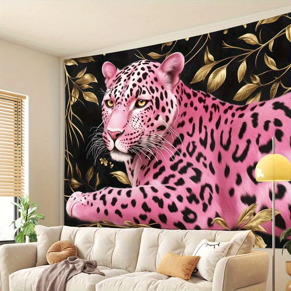 Glam Style Pink Leopard & Golden Leaf Print Dark Peach Tapestry - Lightweight, Compact, Machine Washable Home Supplies, House Decor for Living Room, Bedroom Animals-Themed Wall Hanging
