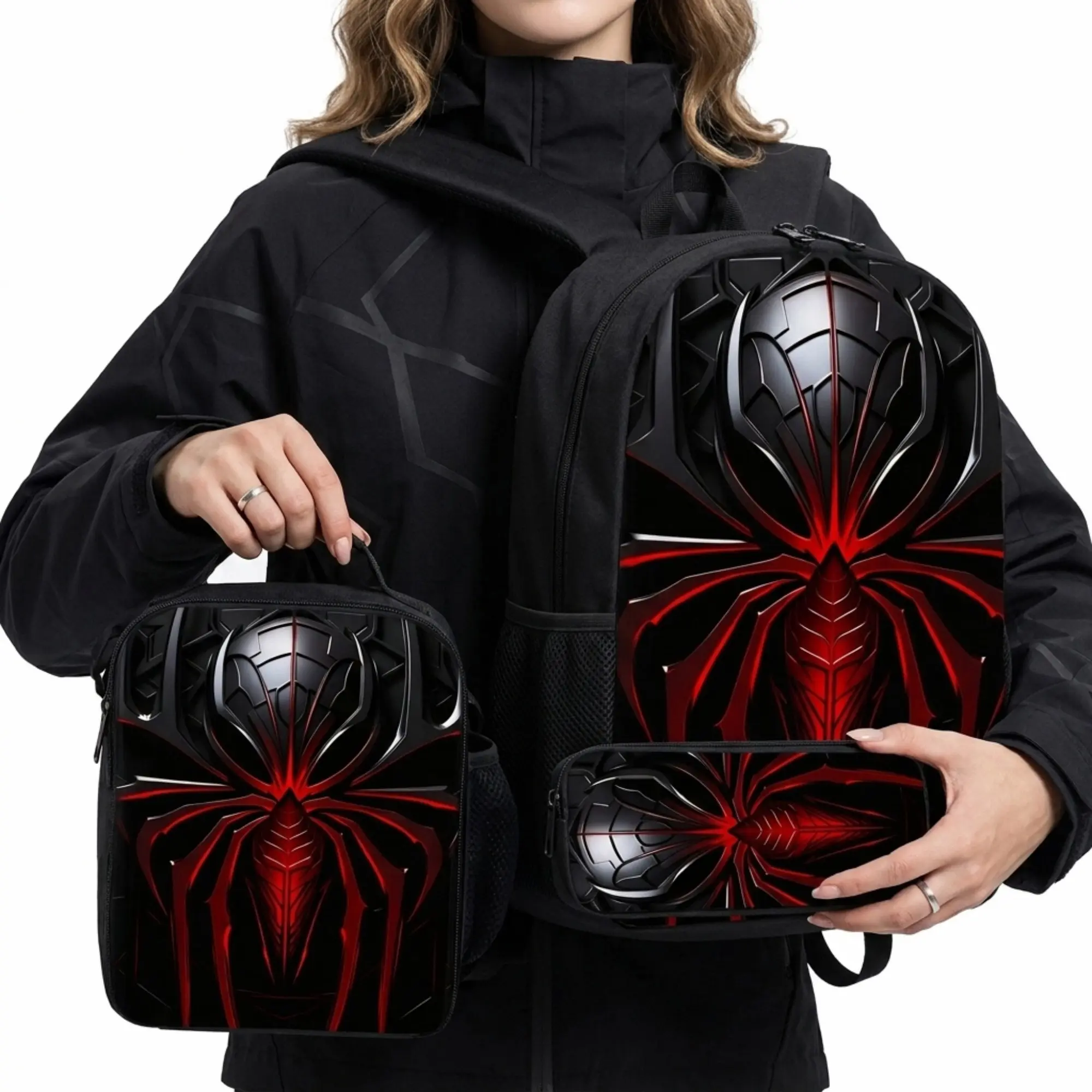 Mechanical Spider Print Backpack Set, 3PCS School Backpack with Lunch Bag and Pencil Case, Multifunctional Casual Bookbag for Kids, Students and Daily Use