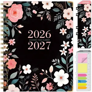 HARDCOVER Academic Year 2026-2027 Planner: 14 Months (May 2026 Through June 2027) 8.5"x 11" Daily Weekly Monthly Planner Yearly Agenda. Bookmark, Pocket Folder and Sticky Note Set (Black Floral )