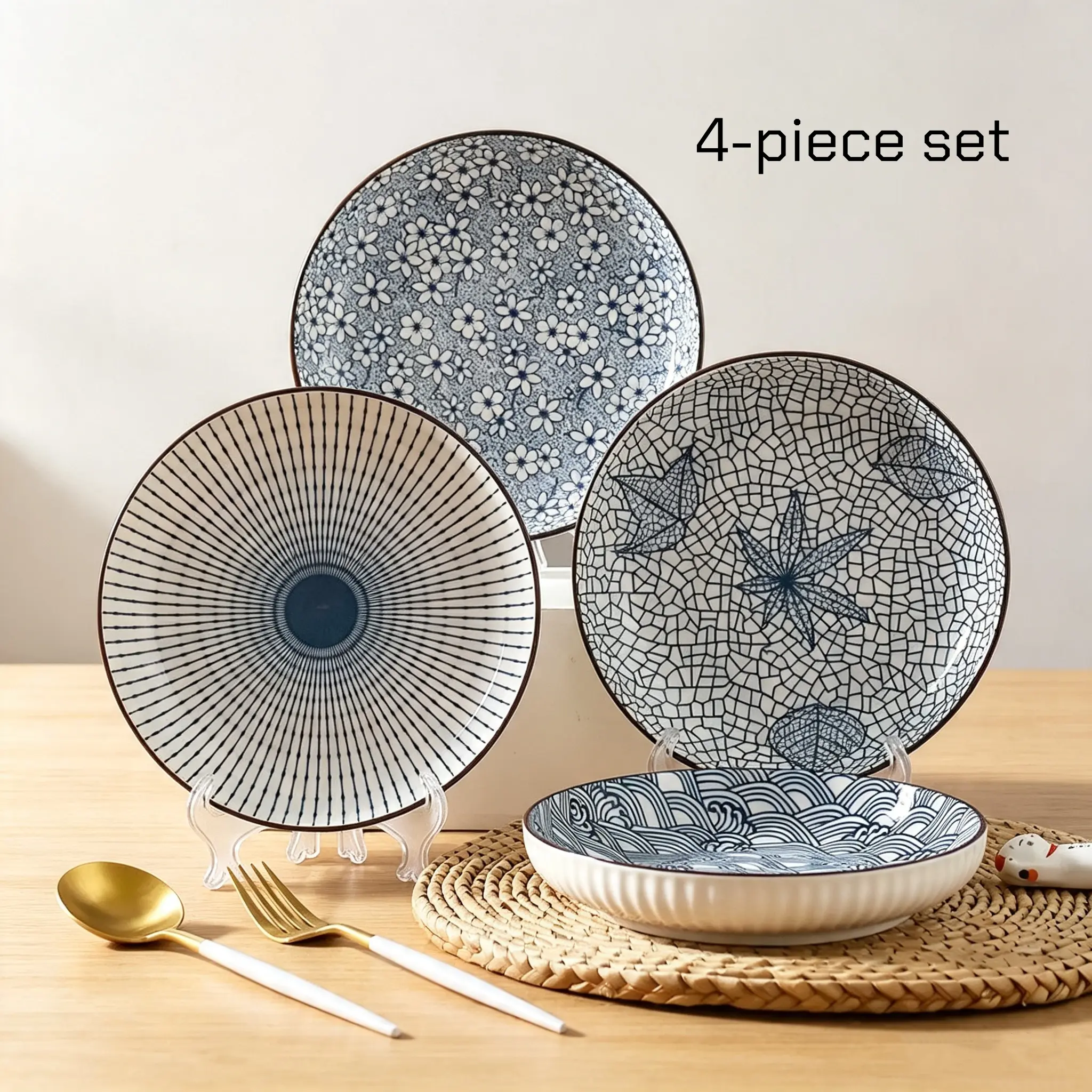 4pcs ceramic dinner plates, 8-inch underglaze plates with Japanese-style patterns, microwave, dishwasher, and oven safe, ideal for fruits, vegetables, salads, desserts, pasta, perfect for home and parties.