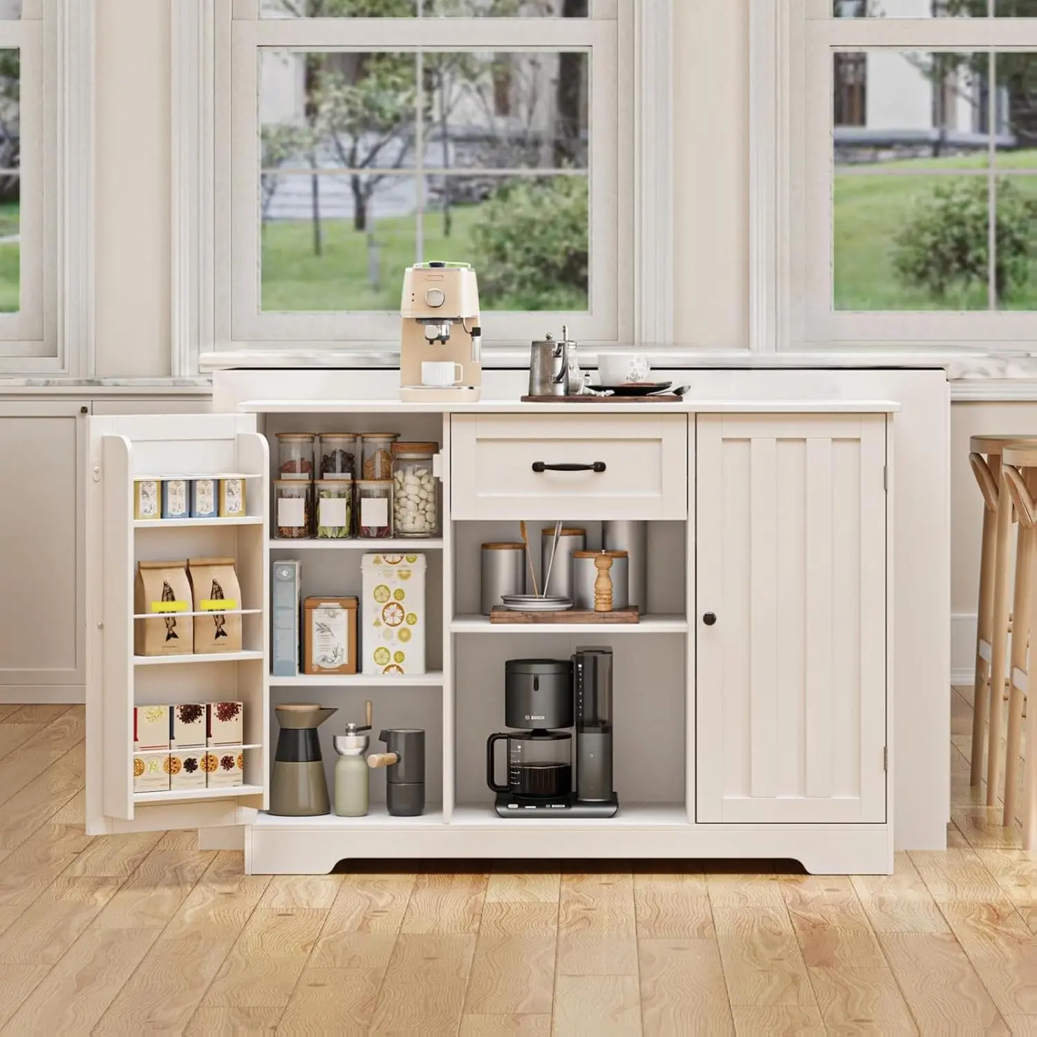 GIZOON Modern Freestanding Cupboard - Configurable Floor Cabinet, Double Door Sideboard with Drawer & Compartmentalized Shelves, Adjustable Compartmentalized Sideboard for Kitchen & Living Room, White Modern Kitchen Cabinet, Modern Kitchen Cabinets, Compa