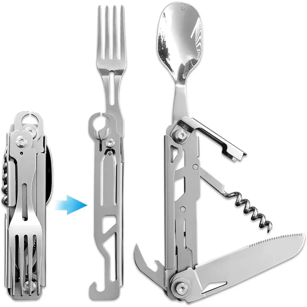 Stainless Steel 6-in-1 Detachable Camping Cutlery Set - Collapsible, Compact, Pocket-Sized with Locking Safety; Includes Spoon, Fork, Knife, Bottle Can Opener, Easy to Use & Clean for Camping, Hiking, Foldable