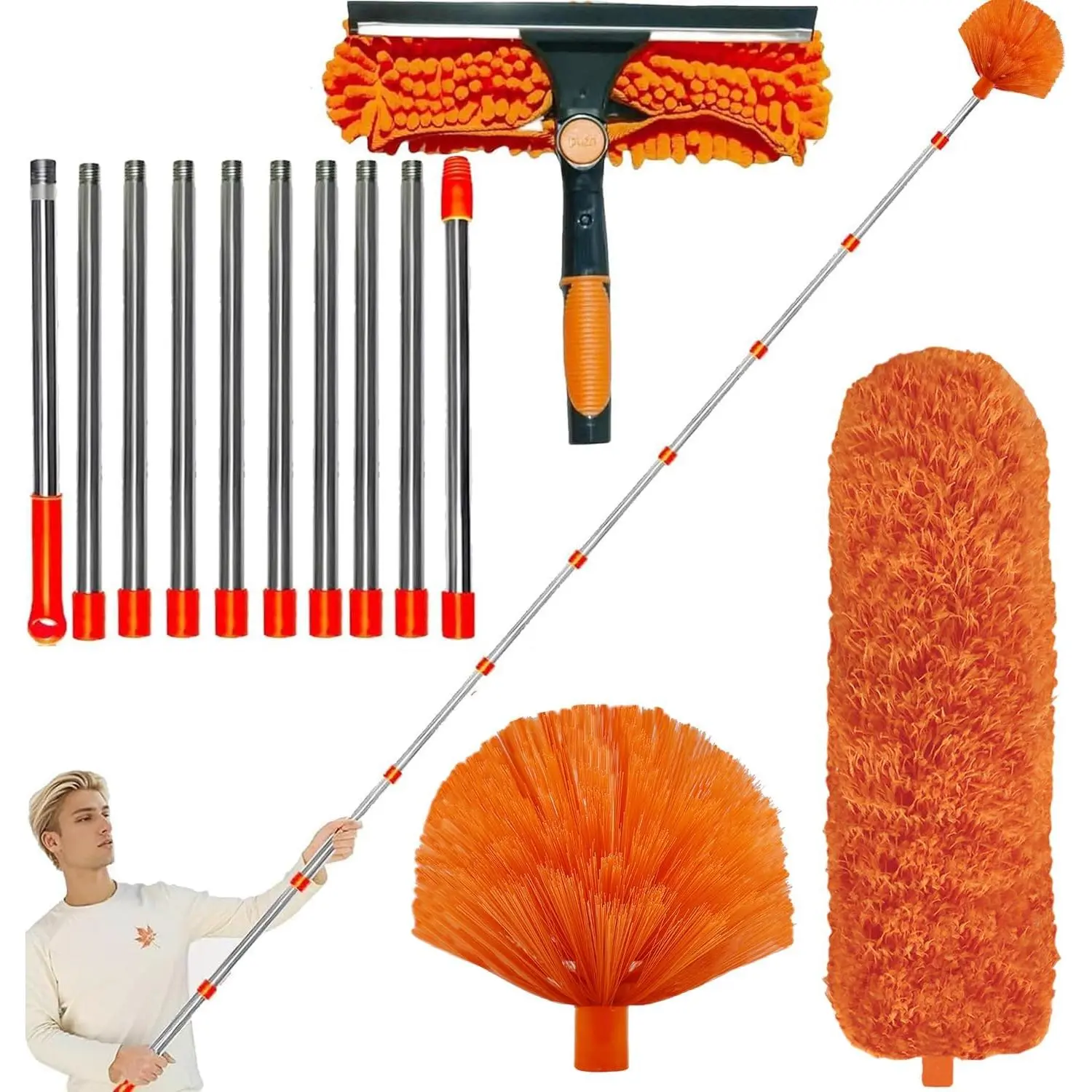 20+  High Reach Dusting Kit with 3-14 ft Extension Pole //2 in 1 Window Cleaning Kit // High Ceiling Duster // Cobweb Microfiber Duster // Outdoor & Indoor Extendable Duster Cleaning Kit