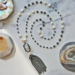 Druzy Pearl Pendant Hematite Tassel Necklace. Beaded Long Hematite Necklace. Tassel Necklace.