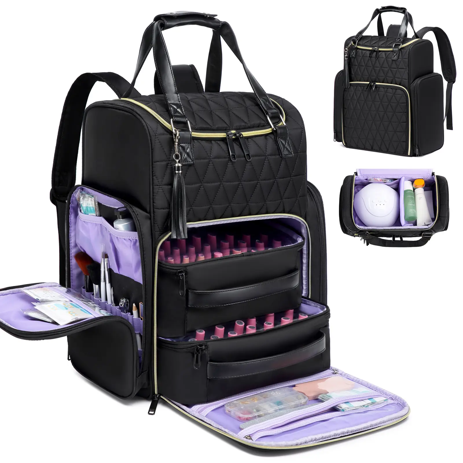 LUXIYIN Manicure Backpack, High-Capacity Solid Nylon Cosmetic Bag for Professionals with Multi-Compartment Storage for Nail Lamp and Portable Makeup Organization, Portable Vanity