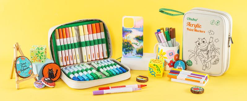 Ohuhu 48PCS Acrylic Paint Pens Double Pack of Fine Tip & Reversible Tips (Chisel & Round) 24-Color High Opacity Paint Marker for Rock Wood Glass &More