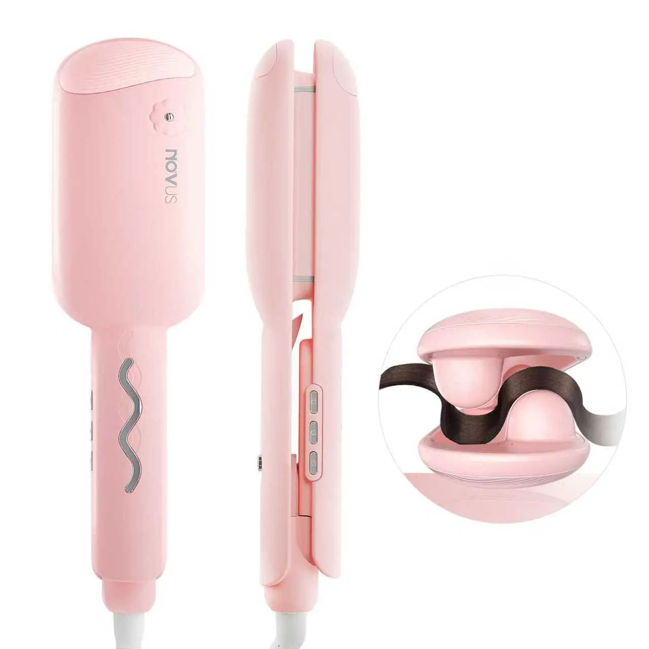 NOVUS Pink Hair Curler with Adjustable Heat Settings for Styling and Curling Hair, Anti-Scald 2 Barrel Ionic 1.4 inch Fast Heating 4 Temp Ceramic  Waver for Wide Deep Waves