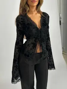 Women's Plain Floral Print Tulle Top Blouse, Classy Elegant Slim Long Sleeve Top for Summer, Ladies Clothes for Daily Wear