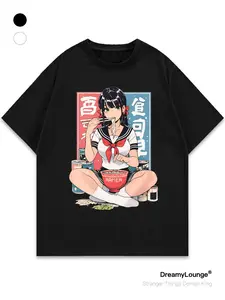 Japanese Anime Streetwear Sailor Suit Girl Ramen Print Loose Short Sleeve Casual Breathable Home Wear Daily Clothing