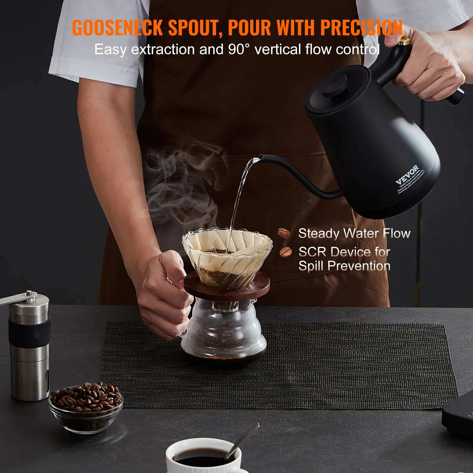 VEVOR Kitchen Electric Gooseneck Kettle - 1L 304 Food Grade Stainless Steel, 1200W Fast Heating, Gooseneck Spout with 5 Variable Temperature Presets, Steam Vents, Auto Shut-Off, Boil-Dry Protection, Keep Warm Function, Ergonomic Handle, Quiet Operation, T