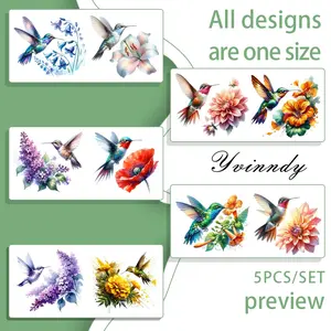 5PCS/SET Watercolor hummingbird DIY Light Beigeny Tumblers Wrap Decorative transfer paper UV DTF High Self-adhensive Wraps Transfers Decor Transfer Paper On Cup